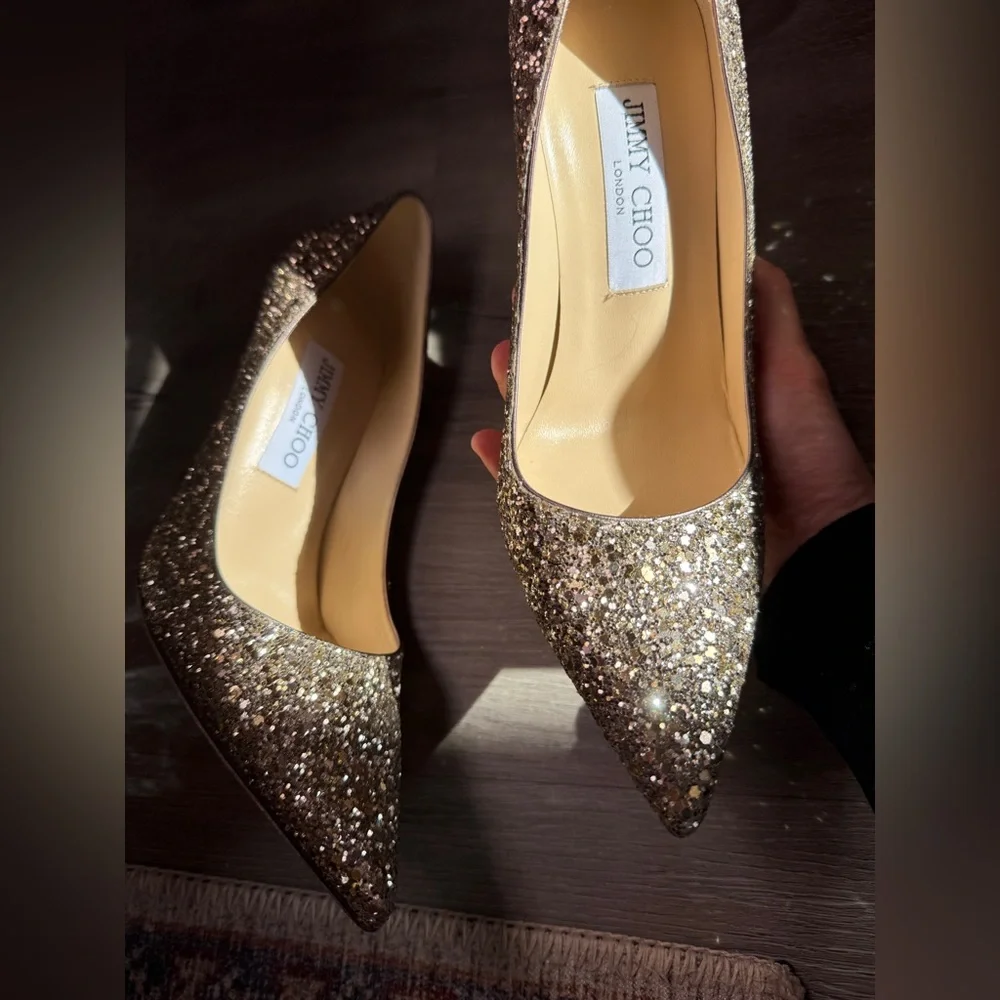 Jimmy Choo Classic Sparkling Glitter Gold Abel Heels - Picture 2 of 12